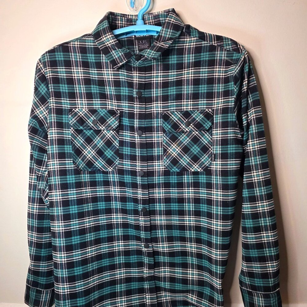 Burton Men's Large Green Black Plaid Polyester Long Sleeved Shirt Snap Front - Picture 1 of 4